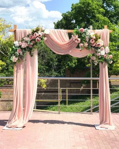 Miniatura 15 de Cortinas de boda con rosas polvorientas, 2 paneles de 6 yardas, cortinas de fondo transparentes para despedida de soltera, arcos de boda