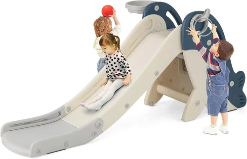 BABY JOY Tobogán plegable para niños pequeños, juego independiente de escalador para bebés con aro de baloncesto, juego de tobogán para niños con