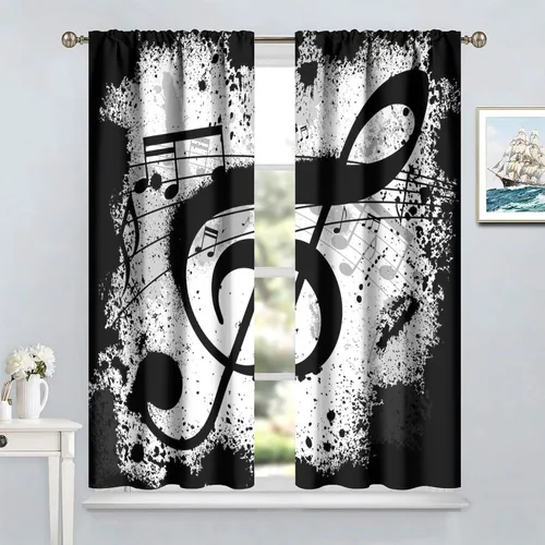 Miniatura 4 de Cortinas de ventana de música, notas musicales blancas y negras, tratamiento de ventana de patrón abstracto para dormitorio, sala de estar, Music-6