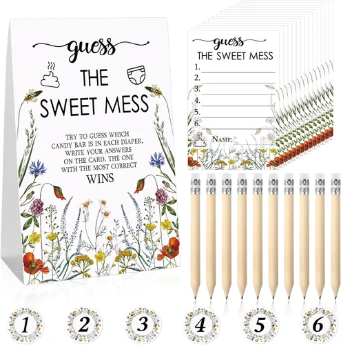 Miniatura 7 de Juego de 67 piezas de pañales sucios de Guess The Sweet Mess para baby shower, incluye letrero de Adivina el dulce lío, 50 tarjetas pequeñas, 10