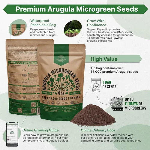 Miniatura 2 de Organo Republic Semillas de germinación de rúcula y microgreens – 55,000 semillas de reliquia sin OMG, brotes en bolsa resellable de 4 onzas