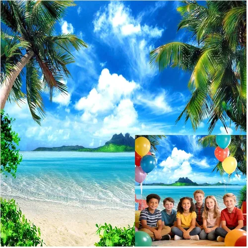 Miniatura 8 de Fondo de Fotografía Tropical Hawaiano Playa Palmera Cielo Azul y Nubes Blancas Decoración de Fiesta de Boda Telón de Fondo de Fotografía 5x3 pies