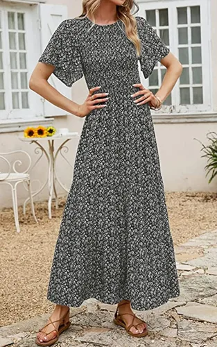 Miniatura 6 de PRETTYGARDEN - Vestido largo casual de verano para mujer, manga corta acampanada, bohemio, floral, cuello redondo, vestido blusón, escalonado