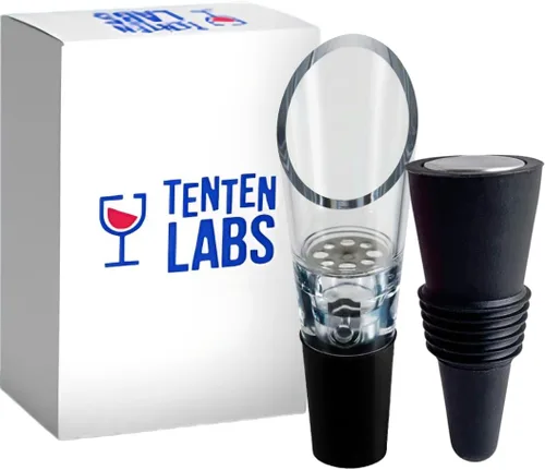 TenTen Labs - Juego de aireador y tapón para vino tinto (paquete de 2), boquilla aireadora en botella para un vertido suave, tapón de botella