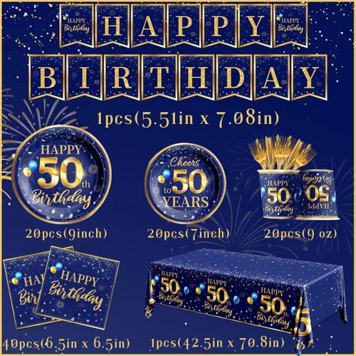 Miniatura 2 de Decoración de cumpleaños número 50 para hombres - Juego de vajilla de cumpleaños de 142 piezas en azul marino y dorado (sirve para 20) Incluye