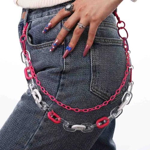 Miniatura 3 de Bomine Lindos pantalones de mezclilla con cadena llavero en capas colgantes de color rosa con diseño de corazón con bolsillo cadena hiphop roca