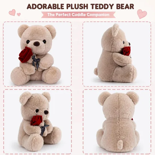 Miniatura 7 de Oso de peluche de San Valentín con rosa, lindo oso de peluche para tu ser querido, novia, cumpleaños, San Valentín, Navidad (9.84 pulgadas, marrón)