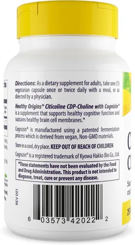 Miniatura 3 de Healthy Origins Cognizin (Citicoline), 250 mg - Suplemento cerebral para la memoria con citicolina CDP - Suplemento sin OMG, vegano y sin gluten