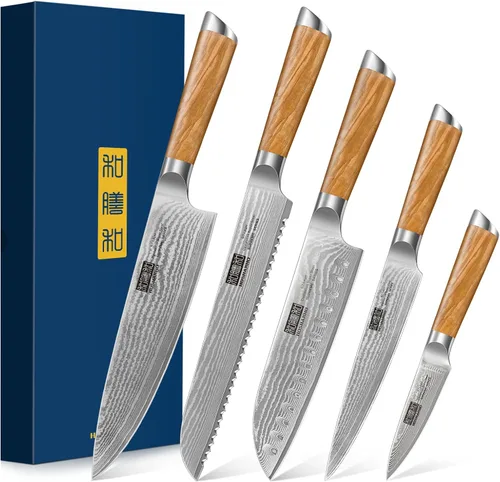 Miniatura 8 de HOSHANHO Juego de Cuchillos de Cocina de Damasco de 3 Piezas, Cuchillo de Chef Ultra Afilado de 8", Cuchillo Santoku de 7", Cuchillo Mondador