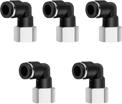 Miniatura 11 de 5 piezas de codo hembra neumático de 1/4 "tubo OD x 1/4" NPT rosca empujar para conectar accesorios de aire, 90 grados NPT hembra niquelado línea