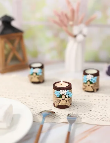 Miniatura 6 de Ju's Favors Juego de 10 portavelas de madera para recuerdos de bautismo para invitados, recuerdos de fiesta de baby shower (marrón oscuro - azul)