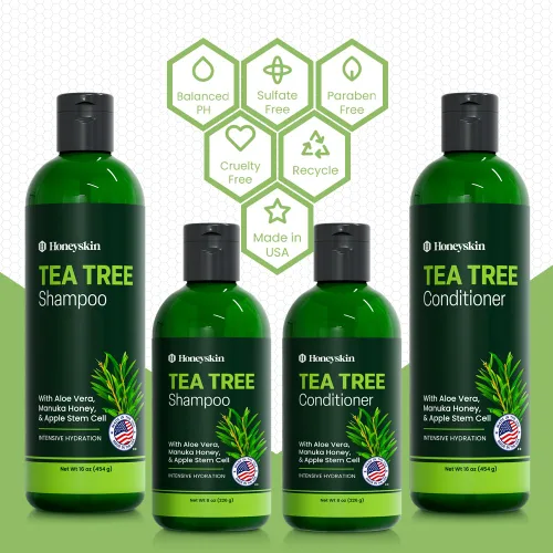 Miniatura 5 de Juego de champú y acondicionador de árbol de té y miel, tratamiento de caspa con aceite de árbol de té orgánico, tratamiento con picazón en el cuero