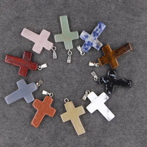 Miniatura 4 de 30 dijes de piedra de color con cruz de piedra preciosa, dijes de cuarzo cruzado sin cadena, suministros para hacer joyas, collares y aretes