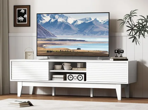 Miniatura 12 de Soporte de TV estriado para TV de 55 y 65 pulgadas, centro de entretenimiento moderno de mediados de siglo con estantes, gabinetes y puertas