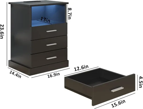 Miniatura 2 de Halitaa Mesita de noche LED negra con estación de carga, mesa auxiliar con 3 cajones y luz, mesa de cabecera con almacenamiento abierto, gabinete