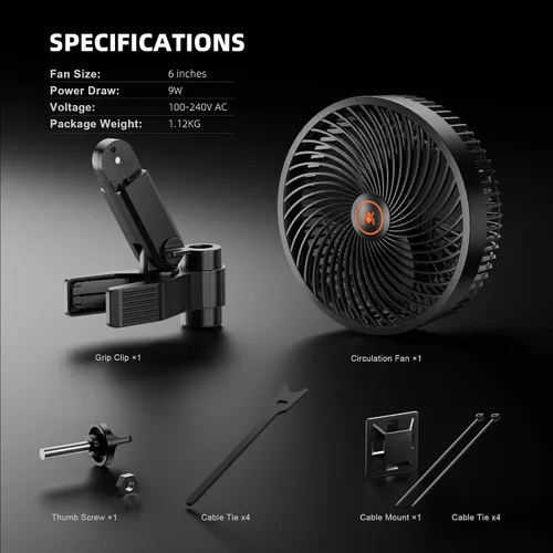 Miniatura 7 de Spider Farmer Ventilador de clip para tienda de cultivo de 6 pulgadas, motor EC, 10 velocidades de viento dinámicas personalizadas y oscilación