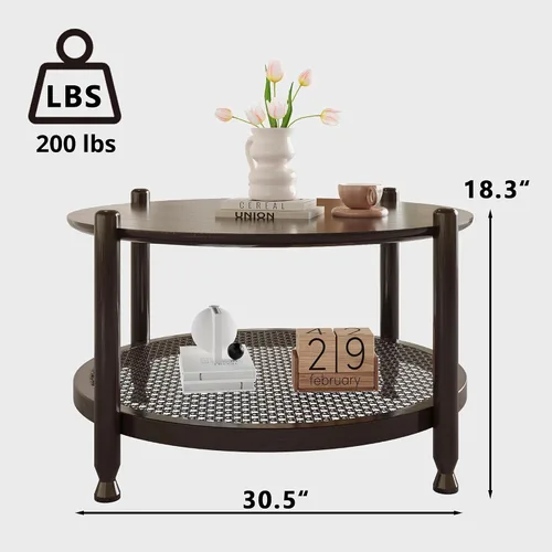 Miniatura 2 de NSdirect Mesa auxiliar redonda de 32 pulgadas para sala de estar, mesa central de madera maciza de 2 niveles para decoración del hogar con estante