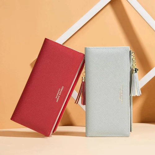 Miniatura 2 de SUMGOGO Cartera delgada para mujer, con borla larga, cremallera, bolso de mano, tarjetero, Azul, Minimalista