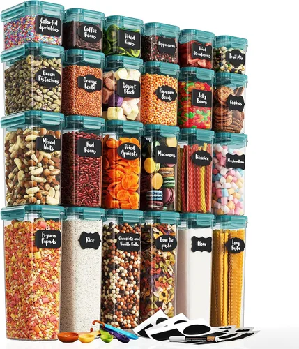Chef's Path Contenedores herméticos para almacenamiento de alimentos con tapas, 24 piezas (color verde azulado) para cocina y despensa de plástico