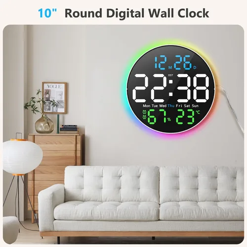 Miniatura 6 de Reloj de pared digital, pantalla LED grande de 10 pulgadas, reloj digital con luz RGB, control remoto, atenuador de brillo automático con luces