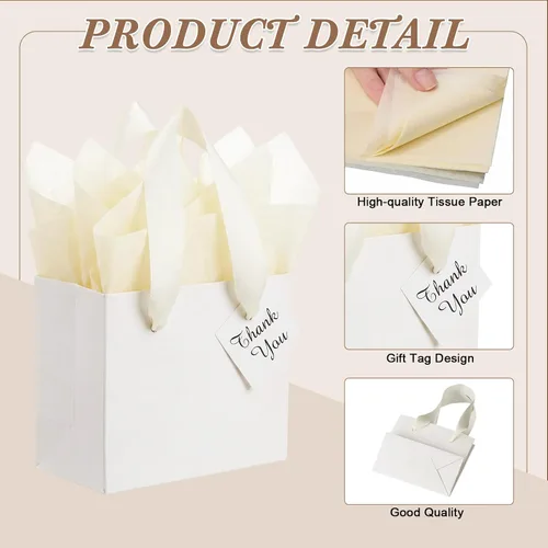 Miniatura 3 de Qilery 50 bolsas de regalo de papel de boda a granel con papel de seda, pequeñas bolsas de regalo con asa y etiquetas para cumpleaños, bodas