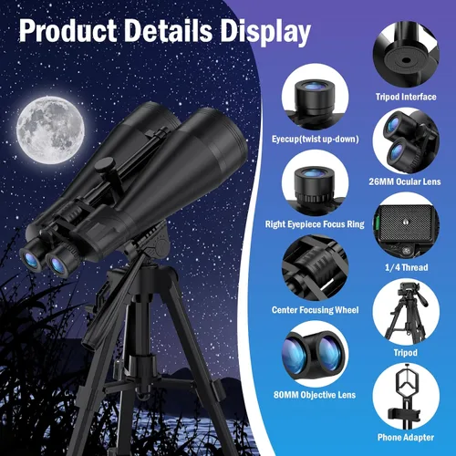 Miniatura 7 de Prismáticos de astronomía de 20 x 80 para adultos, binoculares de observación de estrellas de alta potencia con prisma Bak4, visión de poca luz