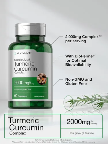 Miniatura 3 de Horbäach Suplemento de curcumina de cúrcuma 90 cápsulas Complejo con pimienta negra Sin OMG, sin gluten