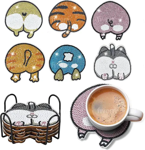 6 piezas de posavasos de pintura de diamante | Posavasos de arte de diamante | Pintura de arte de diamante de trasero de animal | Regalo de arte y