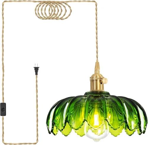 Lámpara colgante enchufable, luces colgantes con cable enchufable, lámpara colgante con vidrio verde, iluminación colgante E26 para isla de cocina,