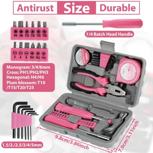 Miniatura 2 de Kit de herramientas de bricolaje para el hogar de 24 piezas, color rosa, para mujeres, juego de mini caja de herramientas compacta con herramientas