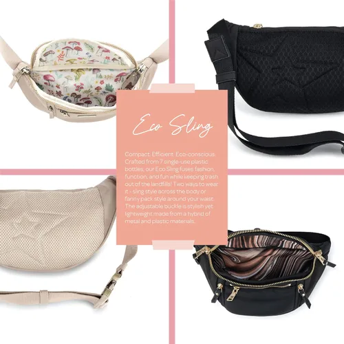 Miniatura 5 de JuJuBe Bolso bandolera ecológico, riñonera negra de moda para mamás, adorable riñonera o cangurera cruzada, incluye 5 bolsillos y ranuras