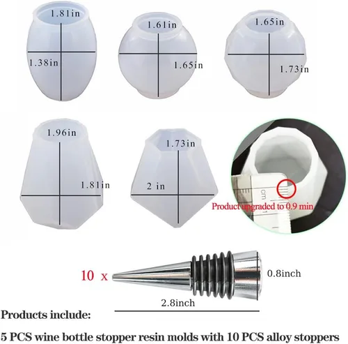 Miniatura 2 de Juego de 15 moldes de resina para tapones de botella de vino, moldes de silicona para resina epoxi (5 moldes y 10 tapones)