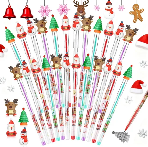 Zonon 48 Lápices de Navidad a Granel, Lápiz de Empuje Apilable de Múltiples Puntas con Adornos Superiores, Bolígrafos de Papá Noel, Muñeco de Nieve