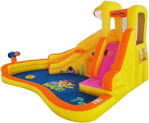 Miniatura 9 de Funormous Baby Shark - Casa de rebote con tobogán húmedo o seco, tobogán acuático inflable Pink Fong, diversión de tobogán acuático curvo