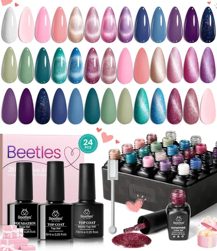 Miniatura 26 de beetles colección “Pastel Paradise” - Kit de 20 esmaltes de uñas en gel con 3 frascos de capa superior brillantina y mate y capa base, tonos