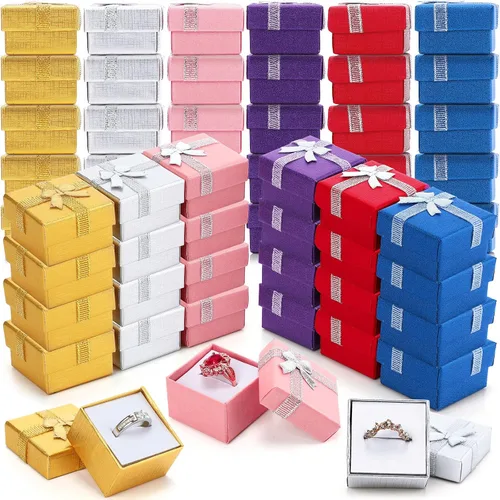 Miniatura 10 de Yinkin Juego de 120 cajas de regalo de anillo de cartón con lazo, cuadrado, varios colores, pequeño, caja de joyería dura para cumpleaños, 6