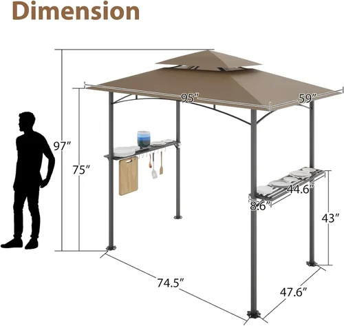 Miniatura 6 de Gazebo de parrilla de 8 x 5 pies, carpa de parrilla para parrilla al aire libre, gazebo de barbacoa de doble nivel con marco de acero, dos estantes