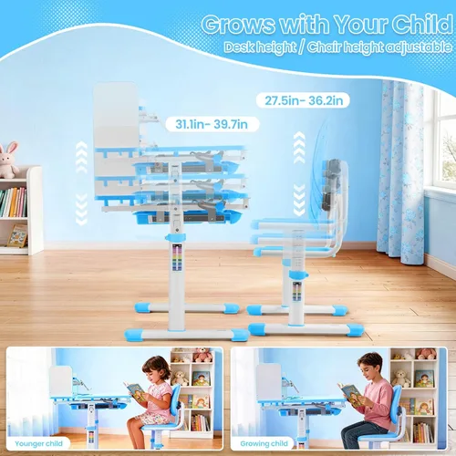 Miniatura 4 de Artist hand Kids Study Desk and Chair Set Height Adjustable Children School Table Large Writing Board Desk with LED Lamp Pull Out Drawer Pencil Case