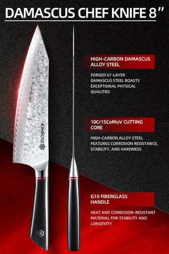 Miniatura 4 de KIMROSE Cuchillo de chef de Damasco, 8 pulgadas, acero de aleación de alto carbono, mango G10, funda magnética, cuchillo de cocina afilado