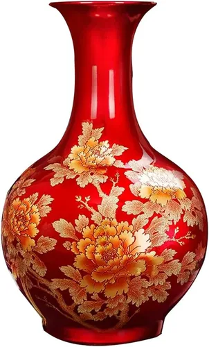 ZHOUXIAO Florero de cerámica roja con patrón de peonía para decoración del hogar, florero alto de flores secas para sala de estar, oficina, mueble