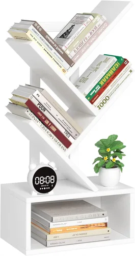 Miniatura 20 de SHEEPAM - Estantería pequeña con cajón, estantería de 4 niveles en forma de árbol en color negro, estantería de escritorio de madera, estanterías