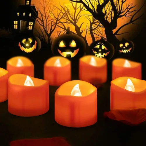 BEICHI Paquete de 24 velas de té de Halloween, velas de té naranja realistas, velas de té sin llama a pilas para Halloween, decoraciones de otoño