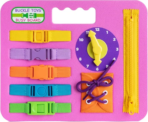 Miniatura 6 de Buckle Toys Busy Board - Juguete de aprendizaje Montessori para niños pequeños, actividades de viaje por carretera, tablero sensorial de espuma, Azul