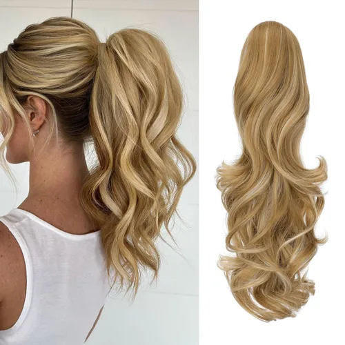 Miniatura 19 de Felendy Extensión de cola de caballo de 18 pulgadas, mezcla de rubio ceniza, marrón oscuro, rizado, ondulado, con clip, extensiones de cabello largo