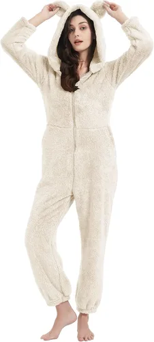 Miniatura 4 de Pijama con capucha de forro polar para mujer, con cremallera, ropa de dormir con orejas