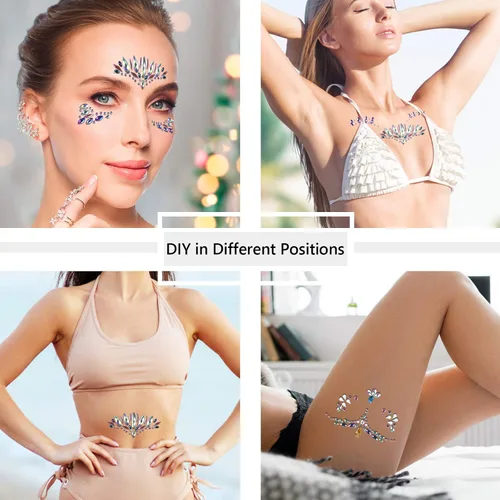 Miniatura 6 de AOMIG Gemas faciales con purpurina, 6 calcomanías de diamantes de imitación para cara, joyas de cara de sirena, lágrimas de cristal, piedras B