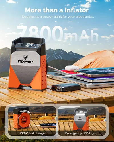 Miniatura 5 de ETENWOLF ZEPHYR S3 Inflador de Neumáticos Compresor de Aire Portátil, Inflación Rápida de 1 Min y Ciclo de Trabajo del 100%, Bomba de Aire de 160