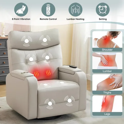 Miniatura 4 de Sillón reclinable giratorio con masaje de calor, sillas reclinables de cuero de gran tamaño, con puerto tipo C, brazos de almacenamiento dobles