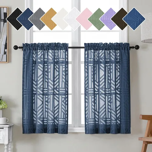 Miniatura 50 de Simplebrand Cortinas traslúcidas negras de cocina de 24 pulgadas de largo, 2 paneles, filtrado de luz, geométrico jacquard con textura, cortinas