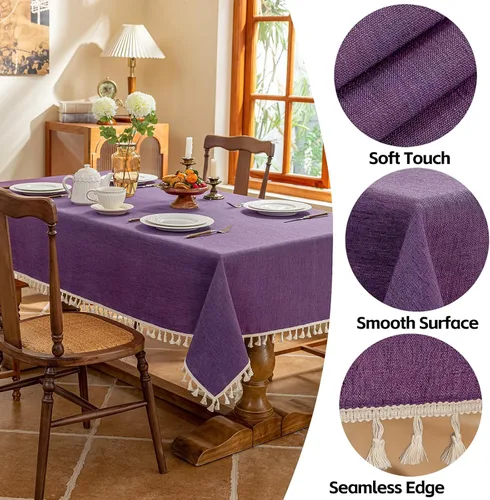 Miniatura 2 de AmHoo Mantel de mezcla de lino, mantel rectangular de 7.12 oz/m² con costuras y borlas para cocina, comedor, boda, bufé, 55 x 55 pulgadas